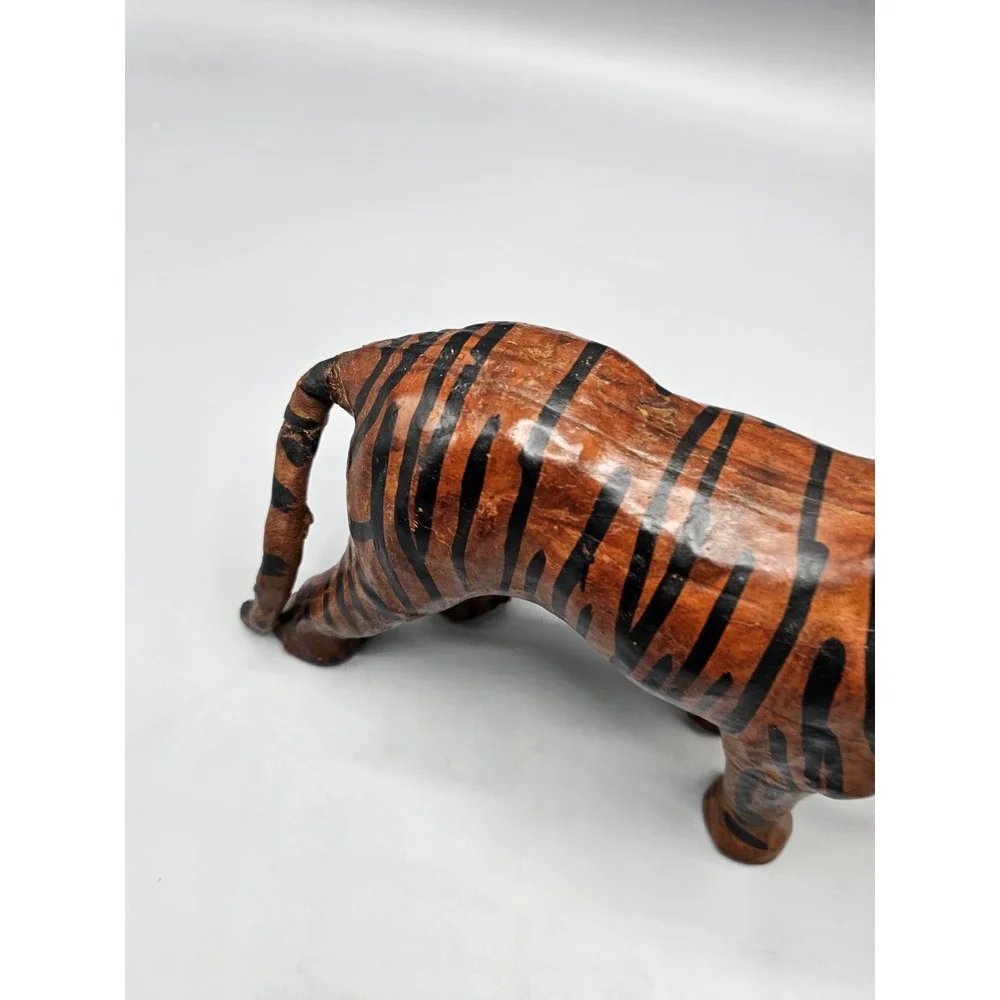 Vintage Leather Wrapped Paper Mache Bengal Tiger Figurine Yellow‎ Glass Eyes 11